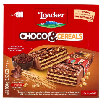 Loacker Choco & Cereals Barrette di Wafer e Cioccolato al Latte con Crema al Cioccolato Pz.4 Gr.25